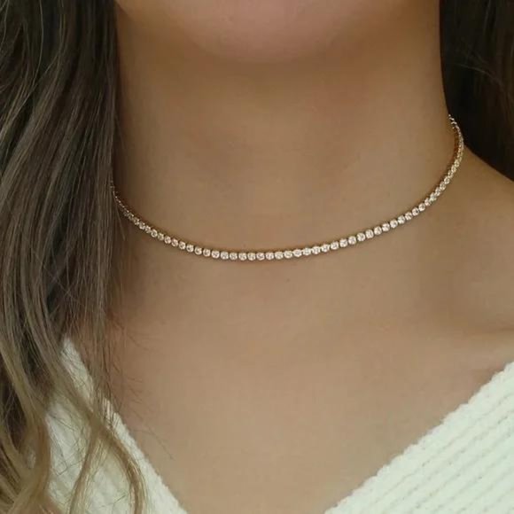 NEW 14K GOLD TENNIS CHAIN CHOKER NECKLACE - Picture 1 of 6